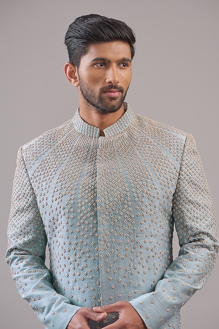 Blue Viscose Dupion Pearl Embellished Groom Sherwani Set by Rohit Gandhi & Rahul Khanna Men at Pernia's Pop Up Shop