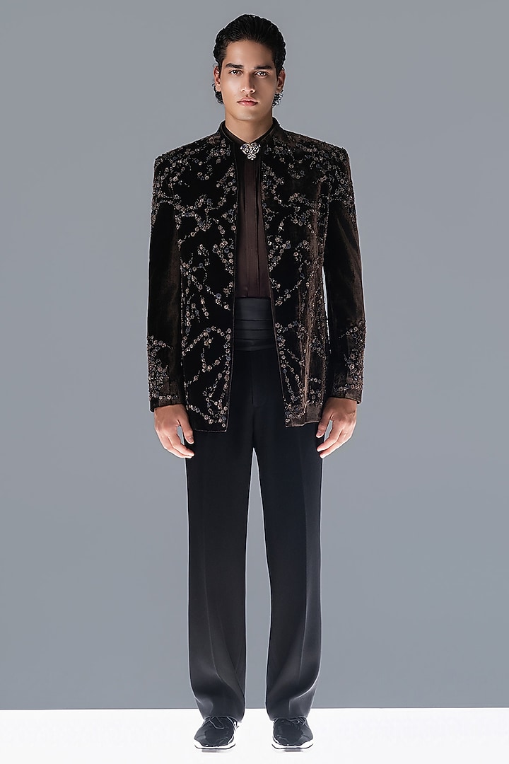 Espresso Brown Silk Velvet Embellished Groom Bandhgala Set by Rohit Gandhi & Rahul Khanna Men at Pernia's Pop Up Shop