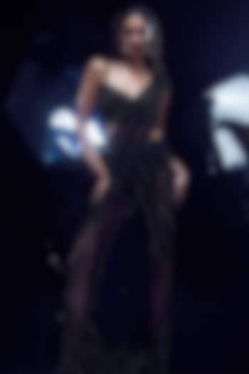 Black Tulle Tonal Embroidered Pre-Stitched Bridal Saree Set by Rohit Gandhi & Rahul Khanna at Pernia's Pop Up Shop