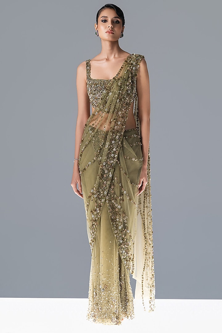 Fern Green Floral Crystal Embroidered Draped Bridal Saree Set by Rohit Gandhi & Rahul Khanna at Pernia's Pop Up Shop