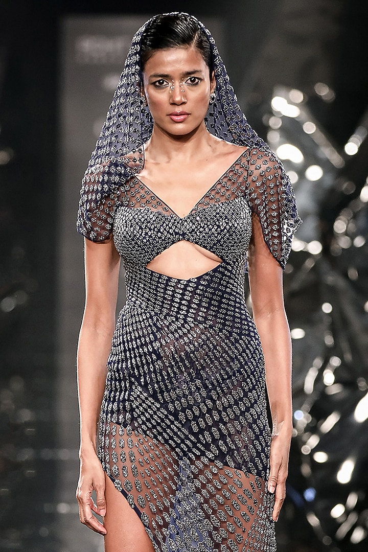 Pacific Blue Tulle Asymmetric Trail Party Wear Dress by Rohit Gandhi & Rahul Khanna at Pernia's Pop Up Shop