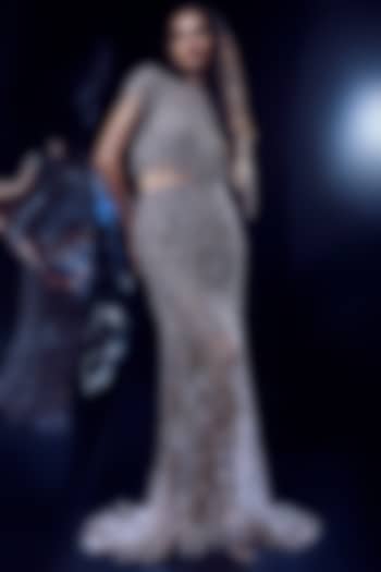 Rose Steel Tulle 3D Crystal Floral Embellished Skirt Set by Rohit Gandhi & Rahul Khanna at Pernia's Pop Up Shop