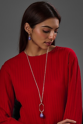 White Gold Finish Purple Majorica Pearl Pendant Necklace Set In Sterling Silver by Rhea