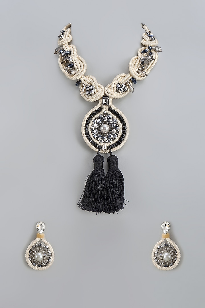 White Rhodium Finish Crystal & Pearl Necklace Set by Rhea at Pernia's Pop Up Shop