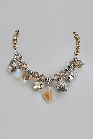 White Rhodium Finish Crystal Mirror Bead & Glass Stone Necklace & Bracelet Set by Rhea
