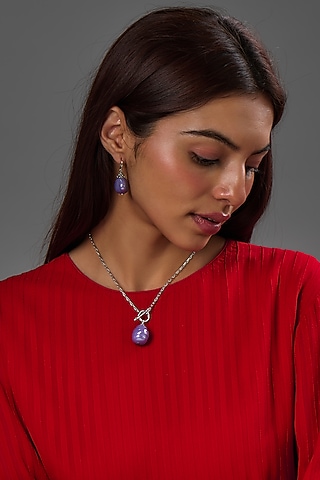 White Gold Finish Purple Majorica Pearl Pendant Necklace Set In Sterling Silver by Rhea