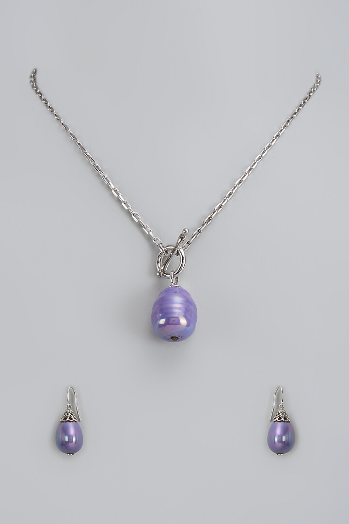 White Gold Finish Purple Majorica Pearl Pendant Necklace Set In Sterling Silver by Rhea at Pernia's Pop Up Shop