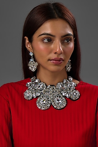 White Rhodium Finish Crystal & Glass Stone Necklace Set by Rhea