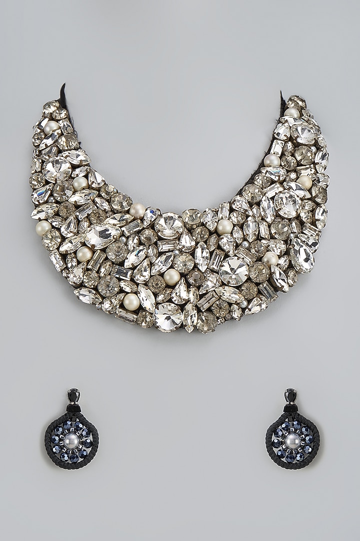 White Rhodium Finish Crystal & Pearl Necklace Set by Rhea at Pernia's Pop Up Shop