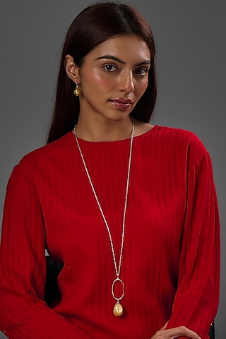 Gold Finish Yellow Majorica Pearl Pendant Necklace Set In Sterling Silver by Rhea