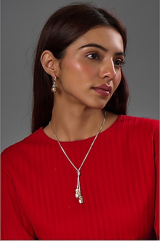 White Gold Finish Gold Majorca Pearl Necklace Set In Sterling Silver by Rhea