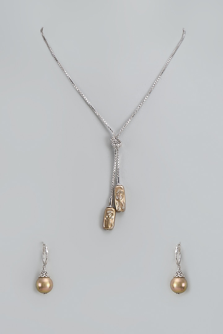 White Gold Finish Gold Majorca Pearl Necklace Set In Sterling Silver by Rhea at Pernia's Pop Up Shop