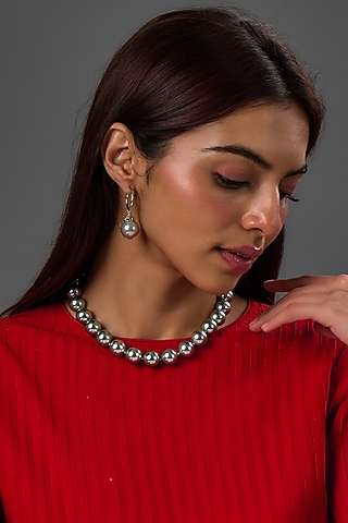 White Gold Finish Majorca Pearl Necklace Set In Sterling Silver by Rhea