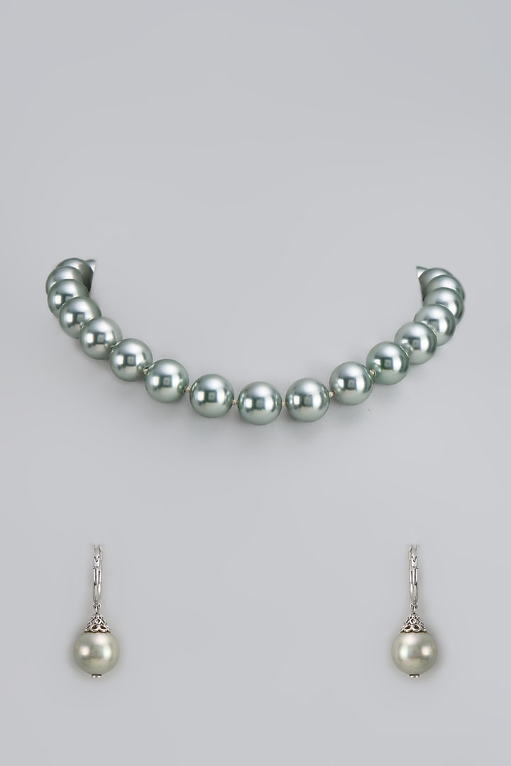 White Gold Finish Majorca Pearl Necklace Set In Sterling Silver by Rhea at Pernia's Pop Up Shop