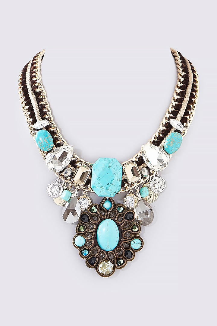 Gold Finish Crystal & Aquamarine Stone Necklace by Rhea at Pernia's Pop Up Shop