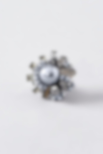 White Rhodium Finish Grey Pearl & Crystal Ring by Rhea