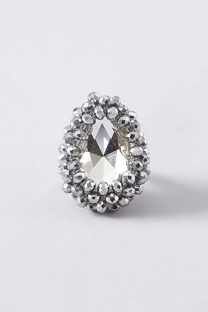 White Rhodium Finish Silver Crystal Ring by Rhea
