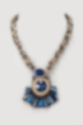 Gold Finish Blue Crystal Pendant Necklace by Rhea