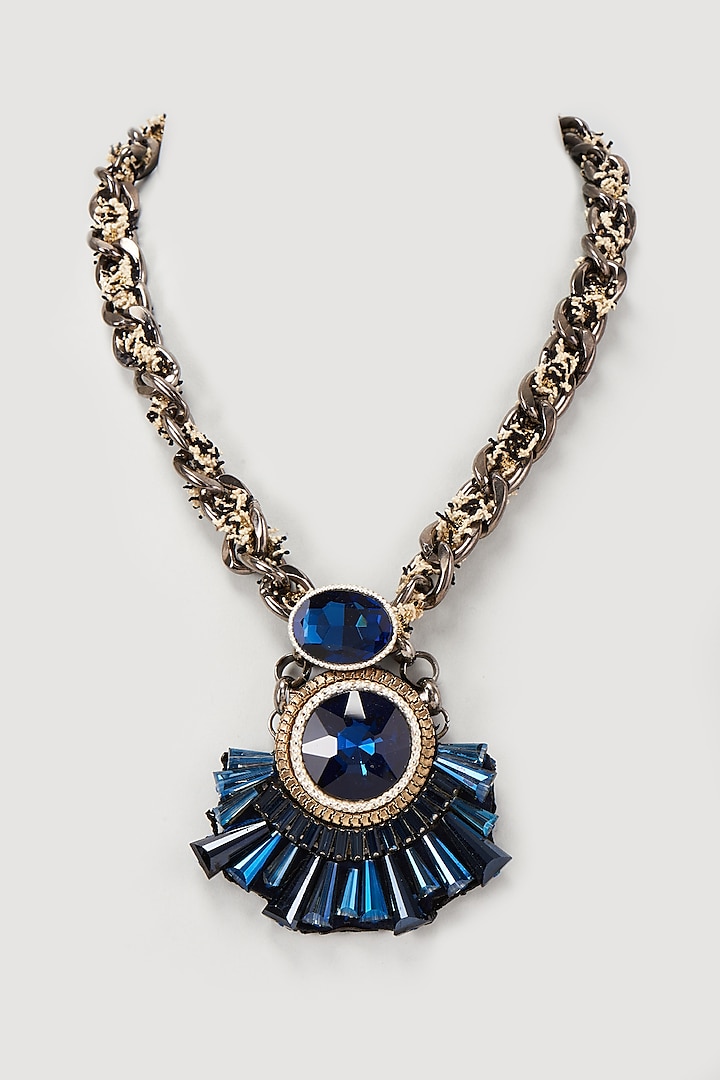 Gold Finish Blue Crystal Pendant Necklace by Rhea