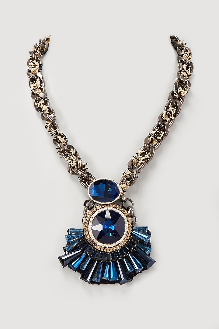 Gold Finish Blue Crystal Pendant Necklace by Rhea at Pernia's Pop Up Shop