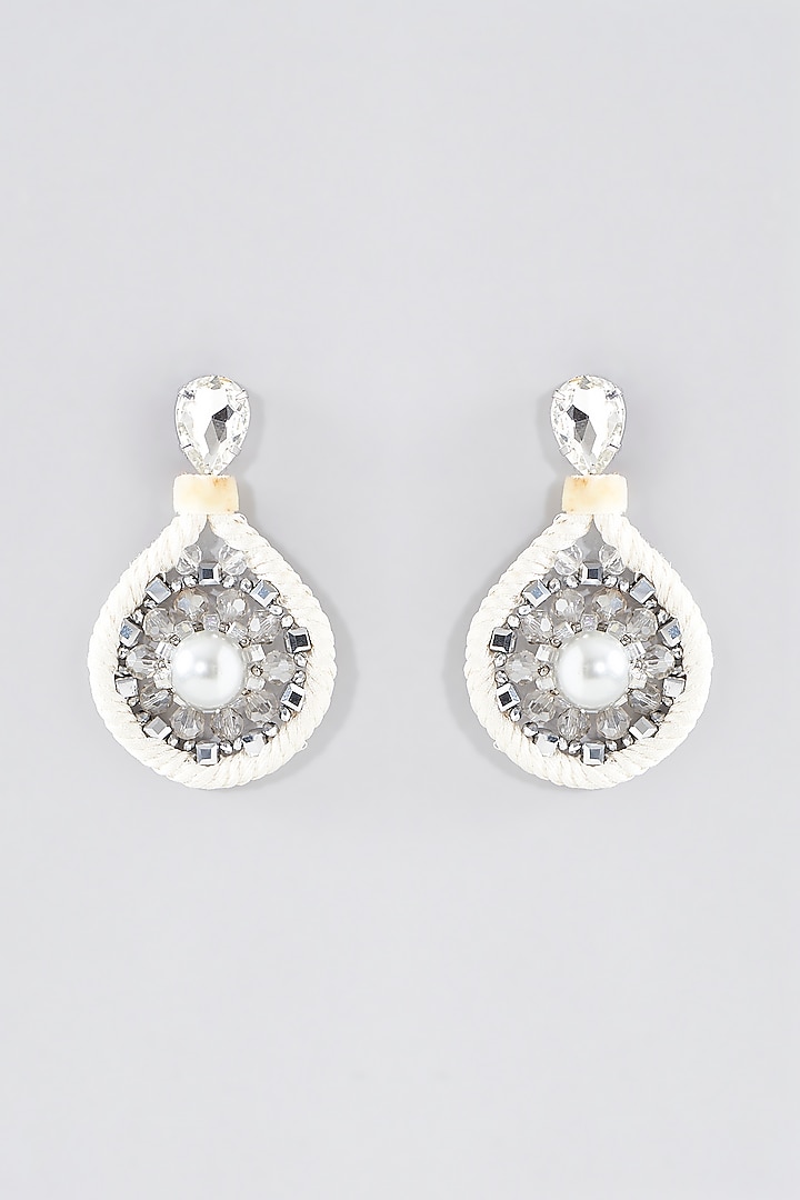 White Rhodium Finish Crystal & Pearl Stud Earrings by Rhea