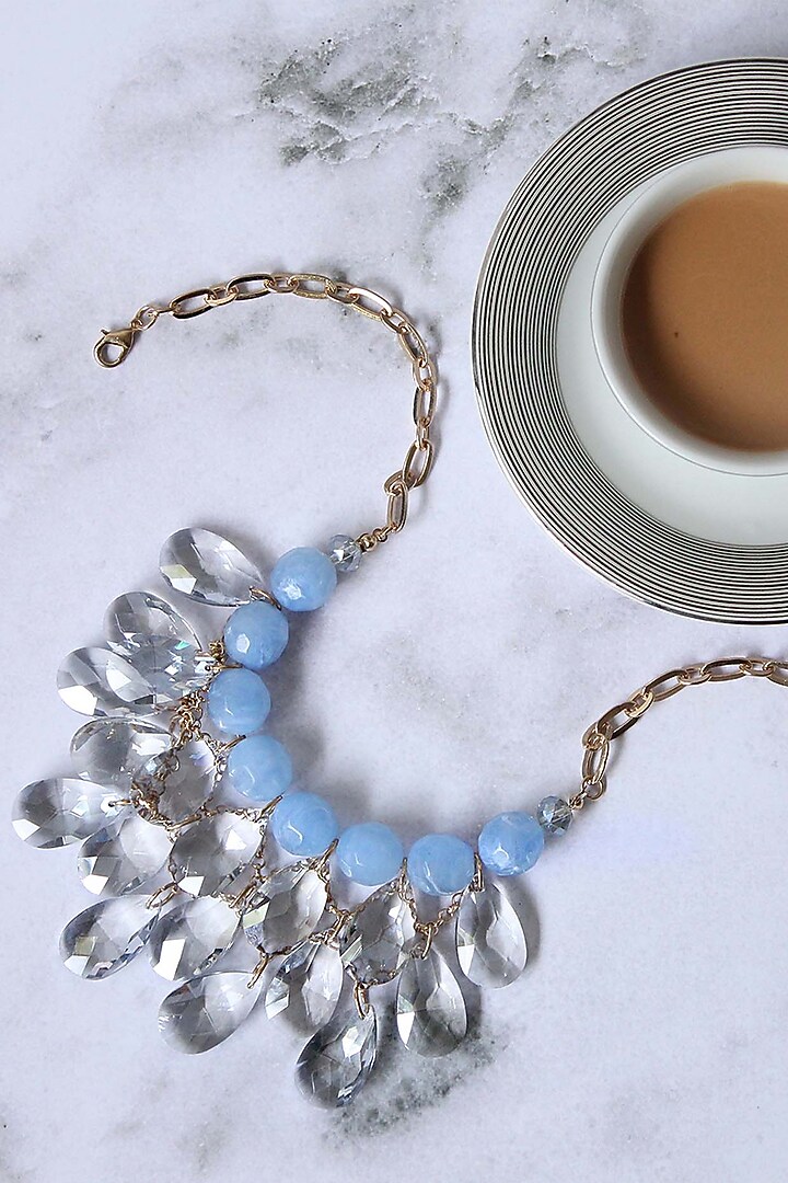 Gold Finish Crystal & Pearl Necklace by Rhea at Pernia's Pop Up Shop