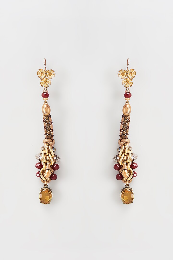 Gold Finish Red Crystal Dangler Earrings by Rhea