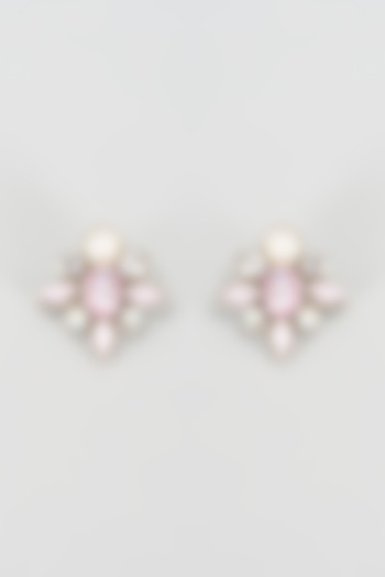 White Rhodium Finish Pink Pearl Floral Stud Earrings by Rhea at Pernia's Pop Up Shop