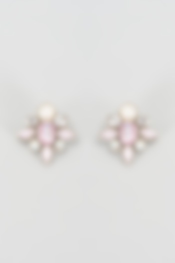 White Rhodium Finish Pink Pearl Floral Stud Earrings by Rhea