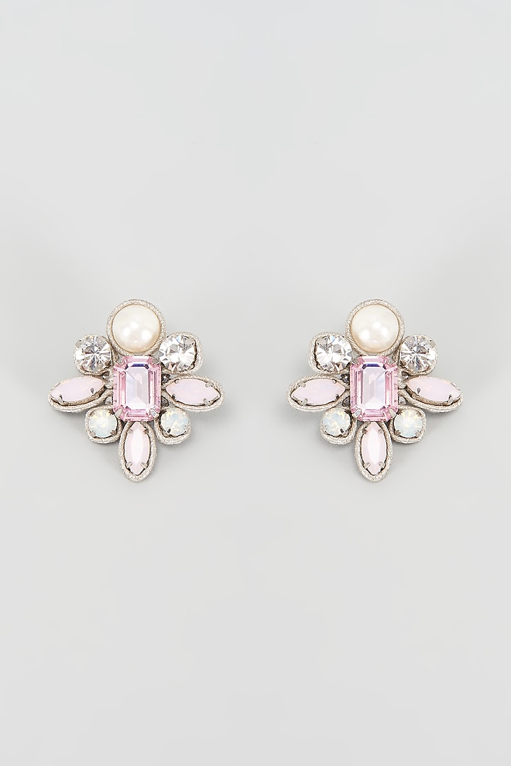 White Rhodium Finish Pink Pearl Floral Stud Earrings by Rhea