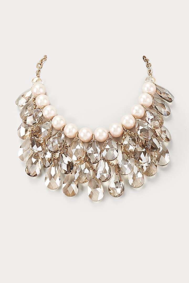 White Rhodium Finish Pink Crystal & Pearl Necklace by Rhea
