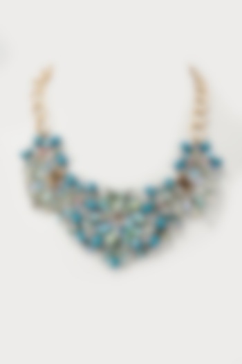 Gold Finish Turquoise Crystal Floral Necklace by Rhea