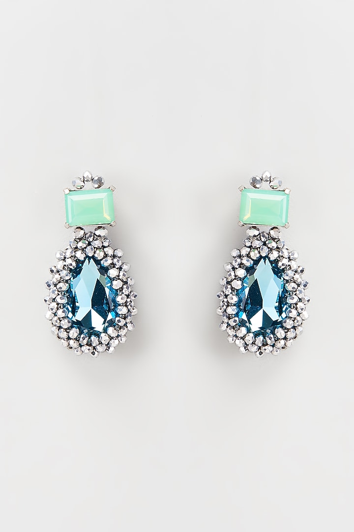 White Rhodium Finish Turquoise Crystal Stud Earrings by Rhea
