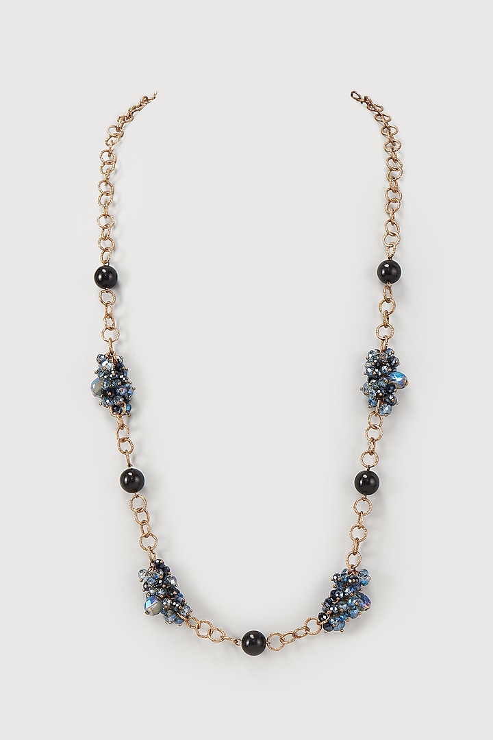 Gold Finish Navy Blue Crystal & Pearl Necklace by Rhea