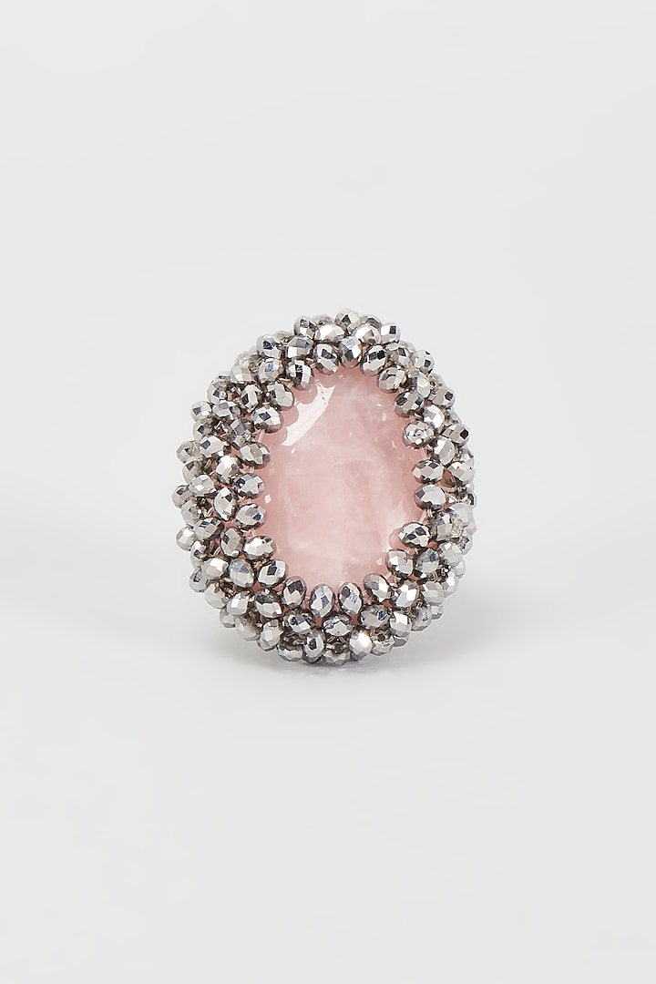 White Rhodium Finish Pink Crystal Ring by Rhea