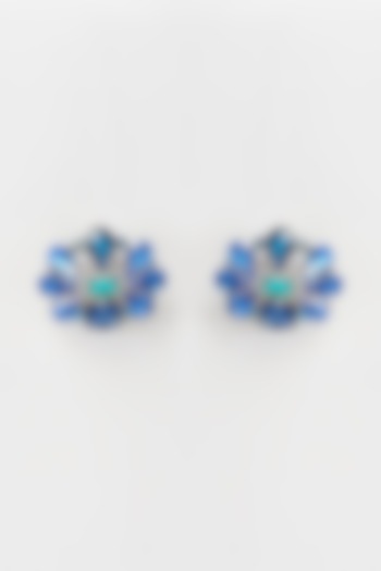 White Rhodium Finish Blue Crystal Stud Earrings by Rhea