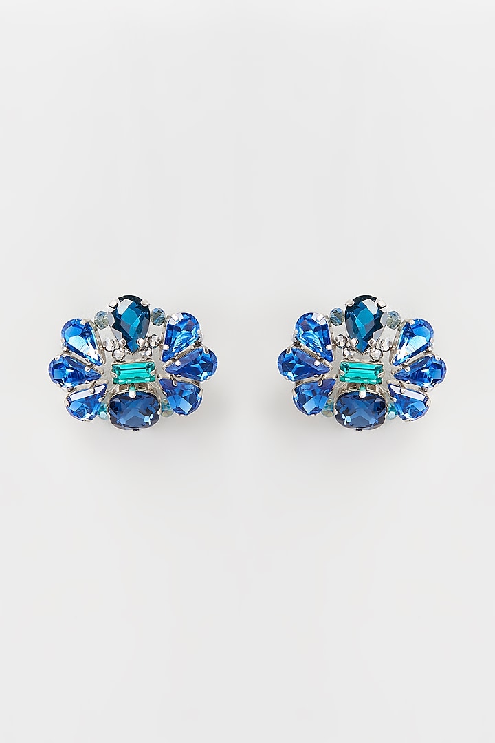 White Rhodium Finish Blue Crystal Stud Earrings by Rhea