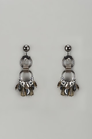 Black Rhodium Finish Crystal & Glass Beaded Dangler Earrings by Rhea