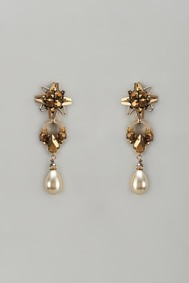 Gold Finish Pearl & Glass Beaded Dangler Earrings by Rhea at Pernia's Pop Up Shop