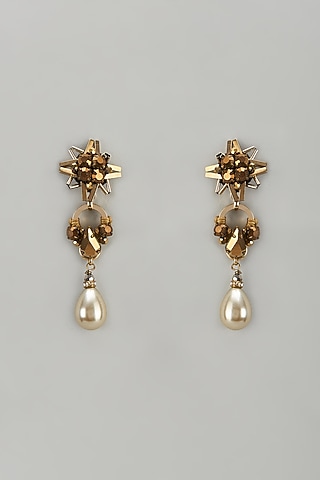 Gold Finish Pearl & Glass Beaded Dangler Earrings by Rhea