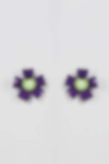 White Finish Violet Floral Stud Earrings by Rhea