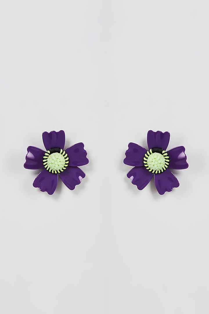White Finish Violet Floral Stud Earrings by Rhea