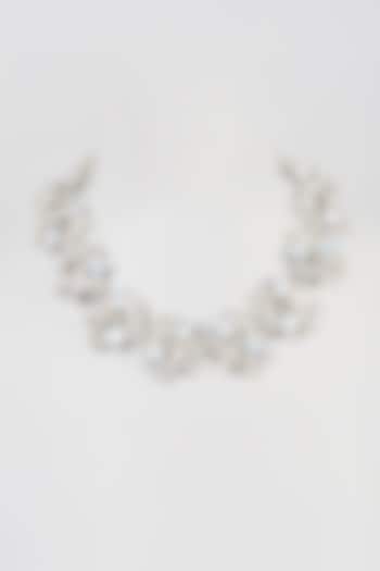 White Finish Silver Crystal Flower Choker Necklace by Rhea
