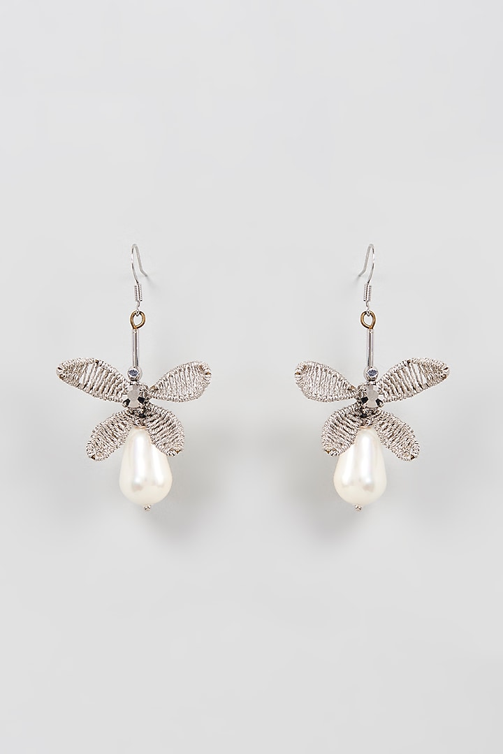 White Finish Pearl Drop Dangler Earrings by Rhea