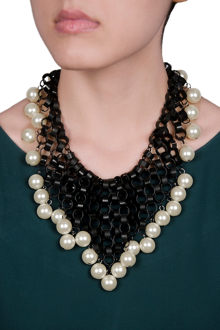 White Rhodium Finish Pearl Drop Necklace by Rhea