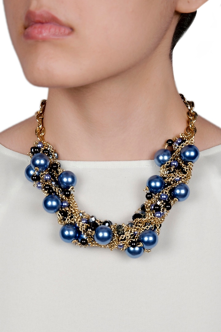 Gold Finish Silver & Blue Pearl Necklace by Rhea at Pernia's Pop Up Shop