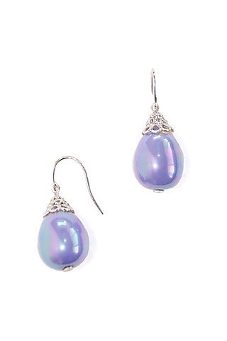 White Rhodium Finish Purple Majorca Pearl Dangler Earrings by Rhea