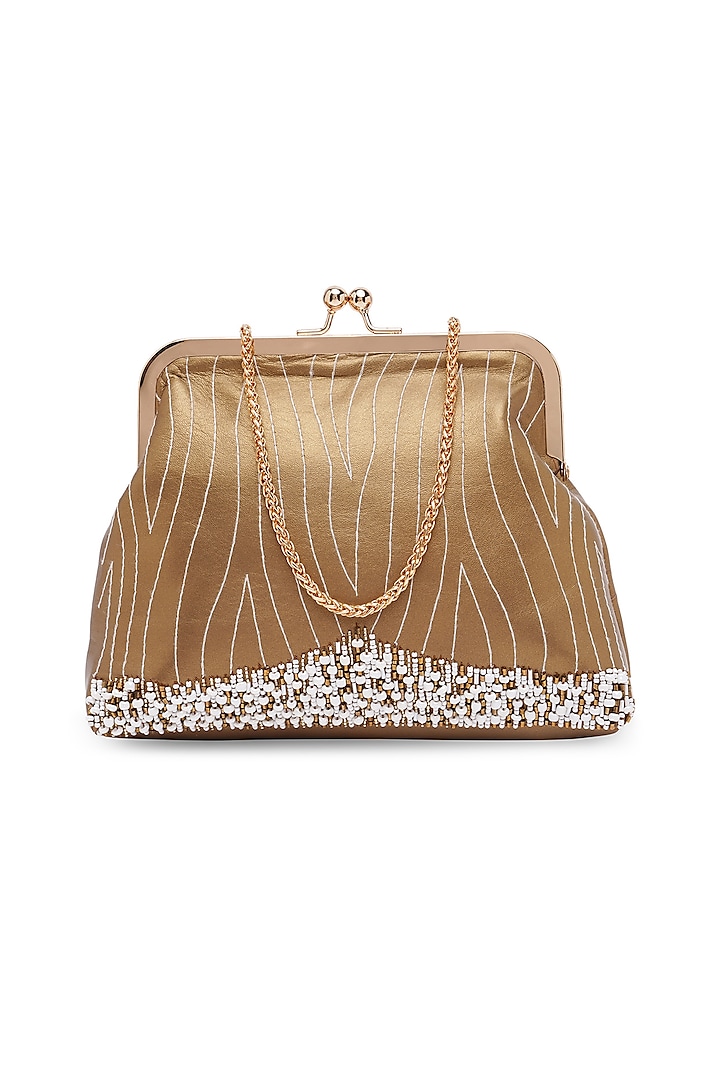 Gold Sheepskin Leather Hand Embroidered Clutch by Richa Gupta