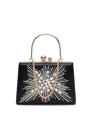 Black Sheepskin Leather Embellished Clutch by Richa Gupta