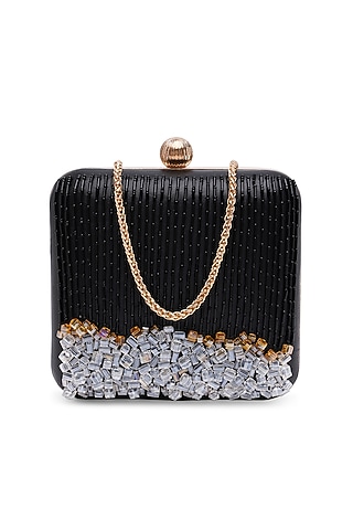 Black Sheepskin Leather Embellished Clutch by Richa Gupta